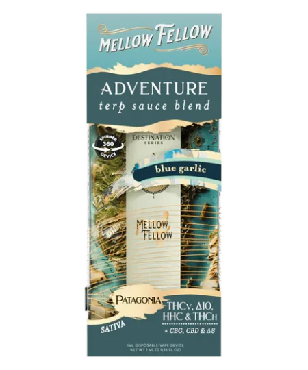 mellow fellow adventure blend terp sauce 1ml disposable spinner vape blue garlic sativa